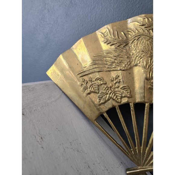 Pair of Solid Cast Brass Oriental Hand Fan Ornaments Phoenix/Ho-o Floral Details - Picture 5 of 8